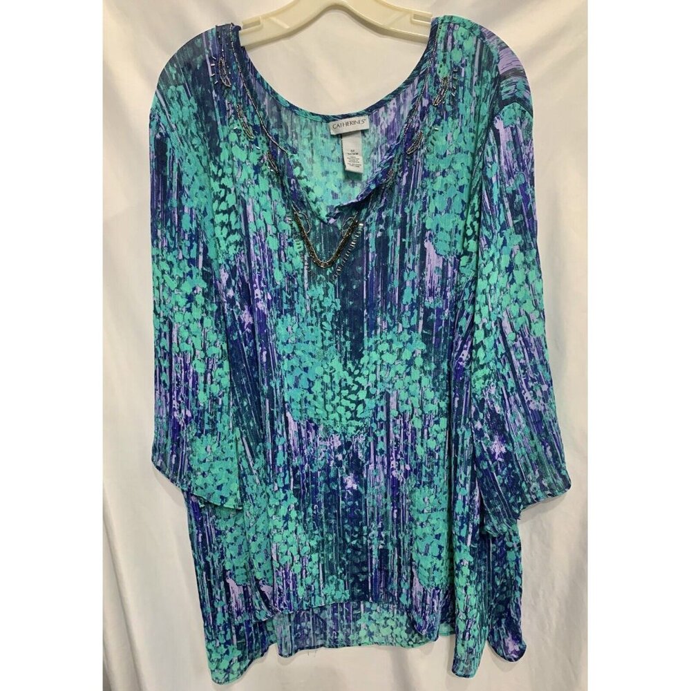 Catherines Plus Size Tunic Top Swimwear Coverup 5W Floral Beaded Beachy sleeves